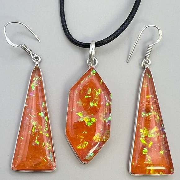 New Orange Acrylic Iridescent Dichroic Silver Overlay Pendant Earrings Set - Picture 1 of 6